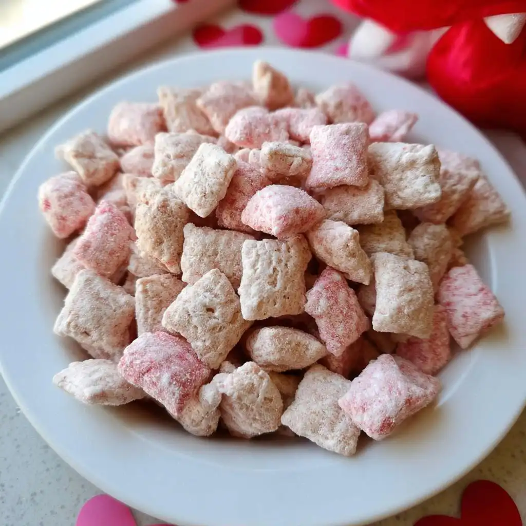 A white bowl filled with pink and white Dog-Safe Valentine Puppy Chow (No Chocolate) snack mix.