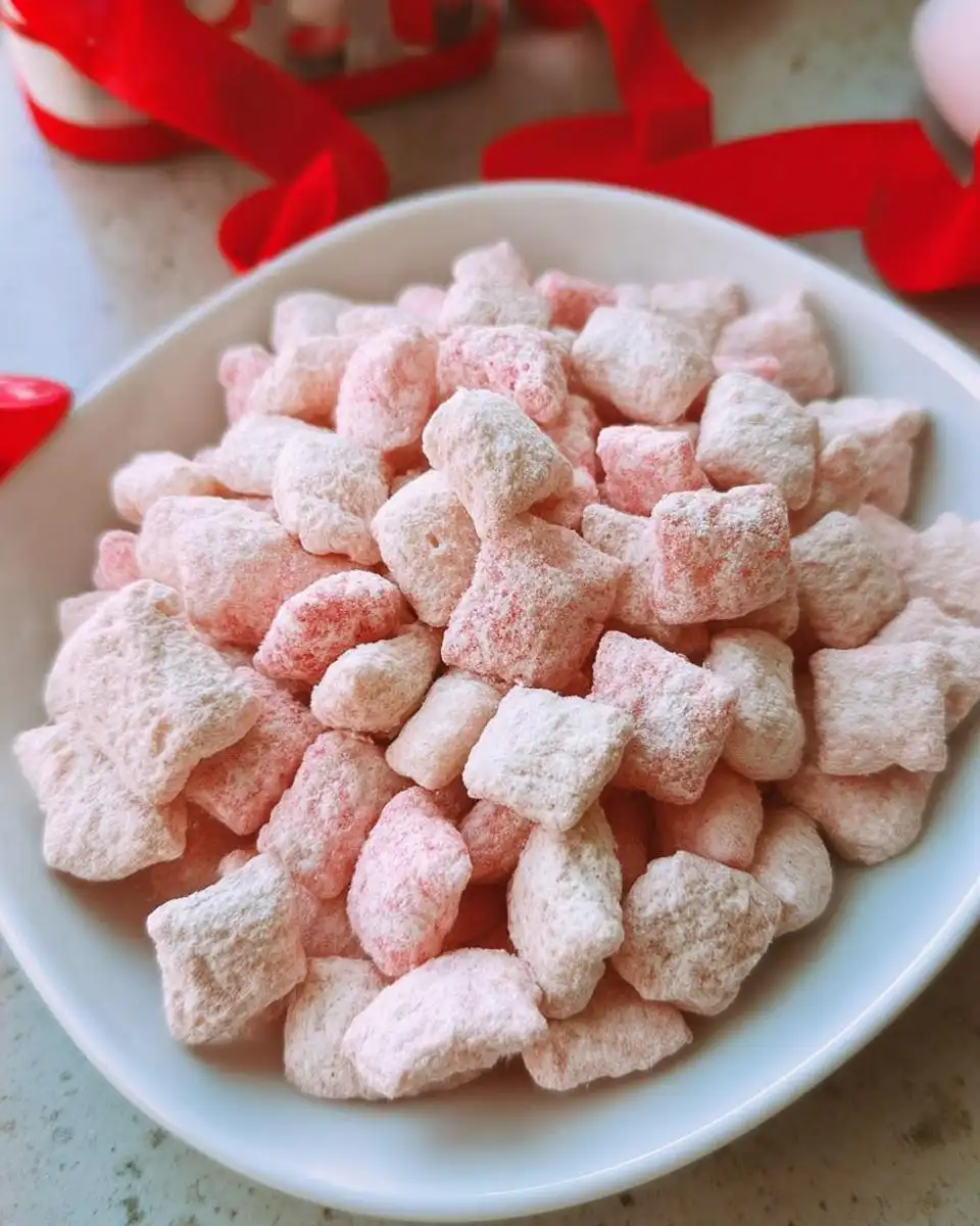 A white bowl filled with pink, powdered sugar-coated pieces of Dog-Safe Valentine Puppy Chow (No Chocolate).