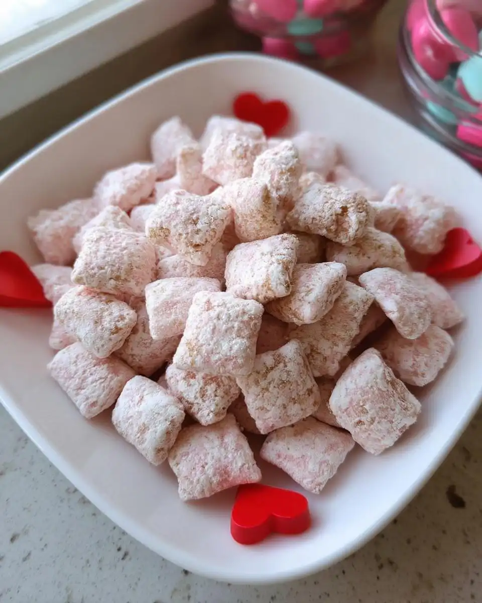 A white bowl filled with pink and white coated Dog-Safe Valentine Puppy Chow, garnished with small red hearts.