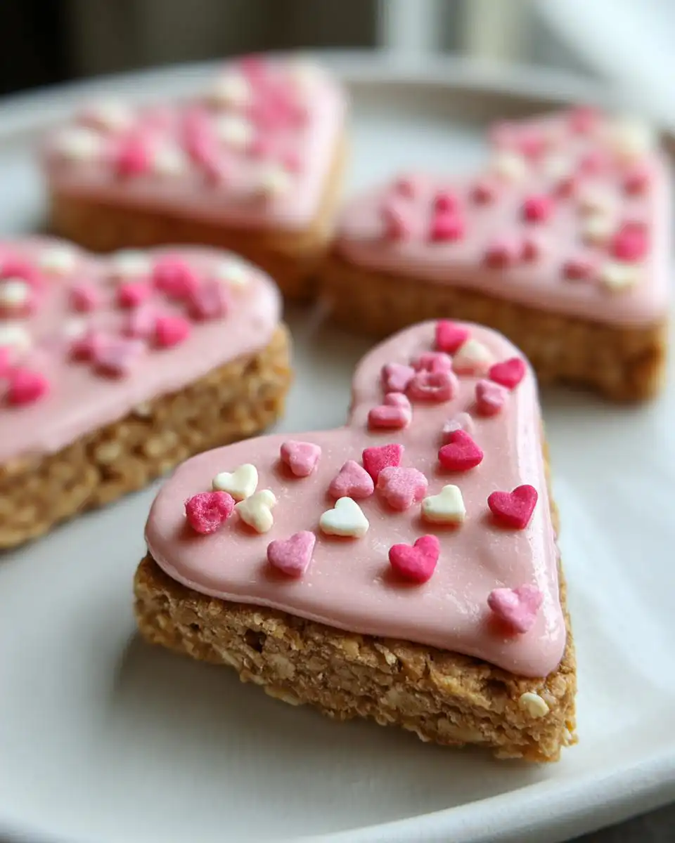 Close-up of a heart-shaped Easy No-Bake Valentine Dog Treat with pink frosting and heart sprinkles.