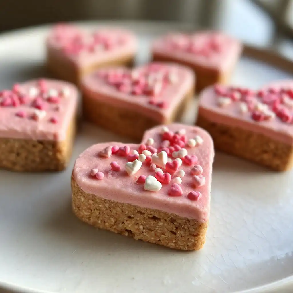 Close-up of heart-shaped Easy No-Bake Valentine Dog Treats with pink frosting and sprinkles.