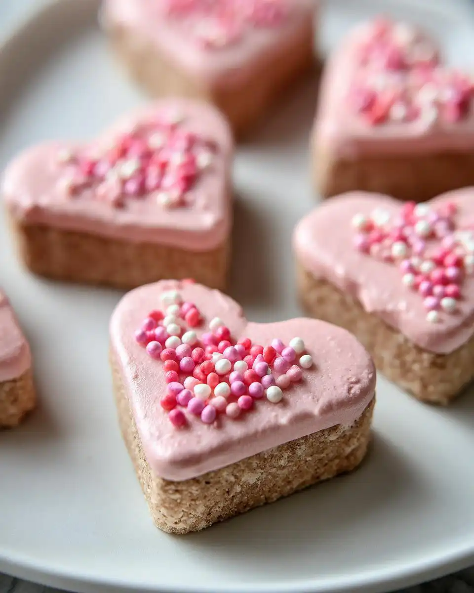 Close-up of heart-shaped Easy No-Bake Valentine Dog Treats with pink frosting and sprinkles.