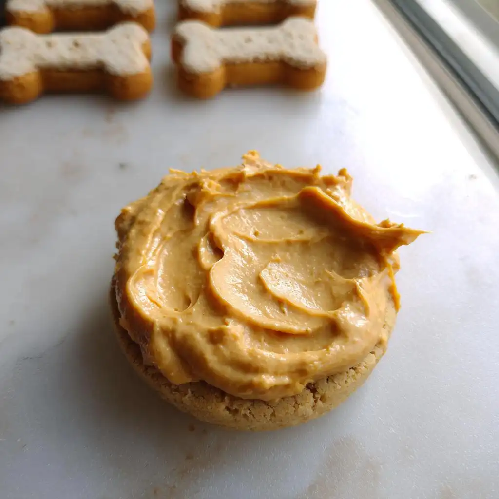 Close-up of a round dog treat topped generously with creamy Easy Peanut Butter Dog Frosting (No Sugar).