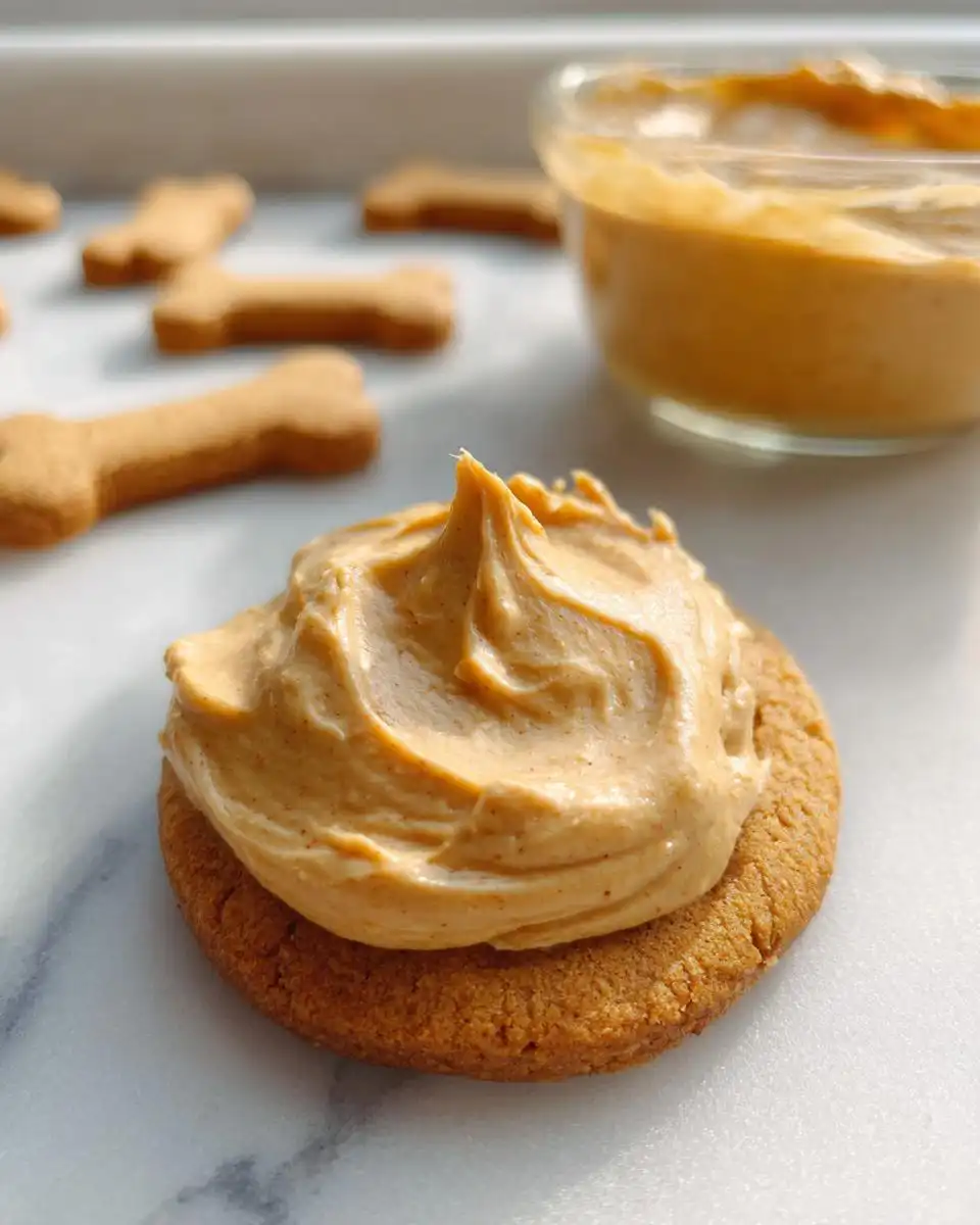 A round dog treat topped with a swirl of Easy Peanut Butter Dog Frosting (No Sugar), with bone-shaped treats in the background.
