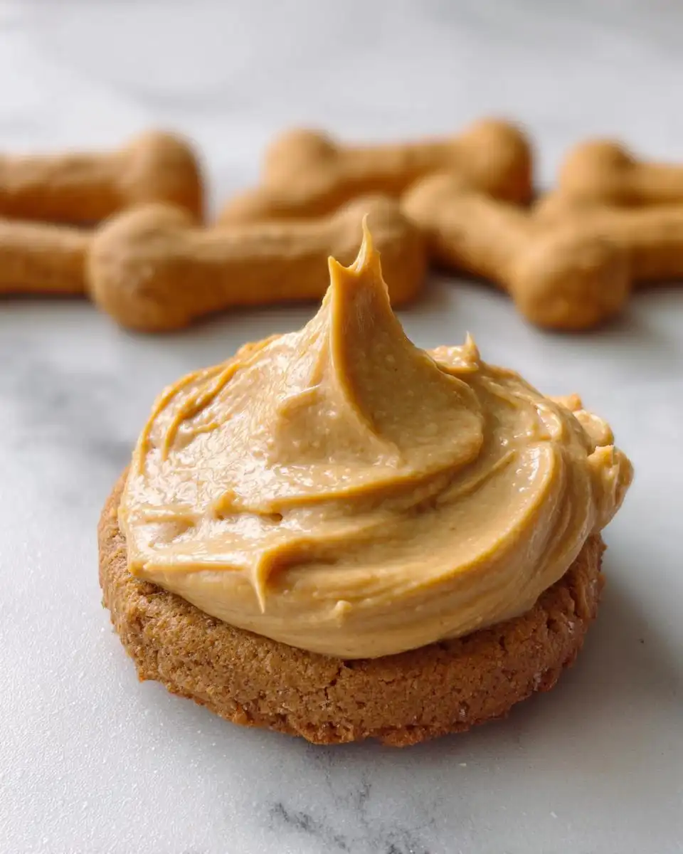 Close-up of a dog biscuit topped with thick, piped Easy Peanut Butter Dog Frosting (No Sugar).