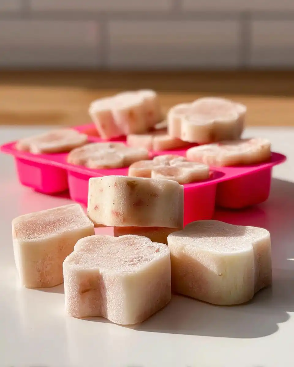 Several flower-shaped Frozen Apple Dog Treats for Summer resting in front of a bright pink silicone mold.
