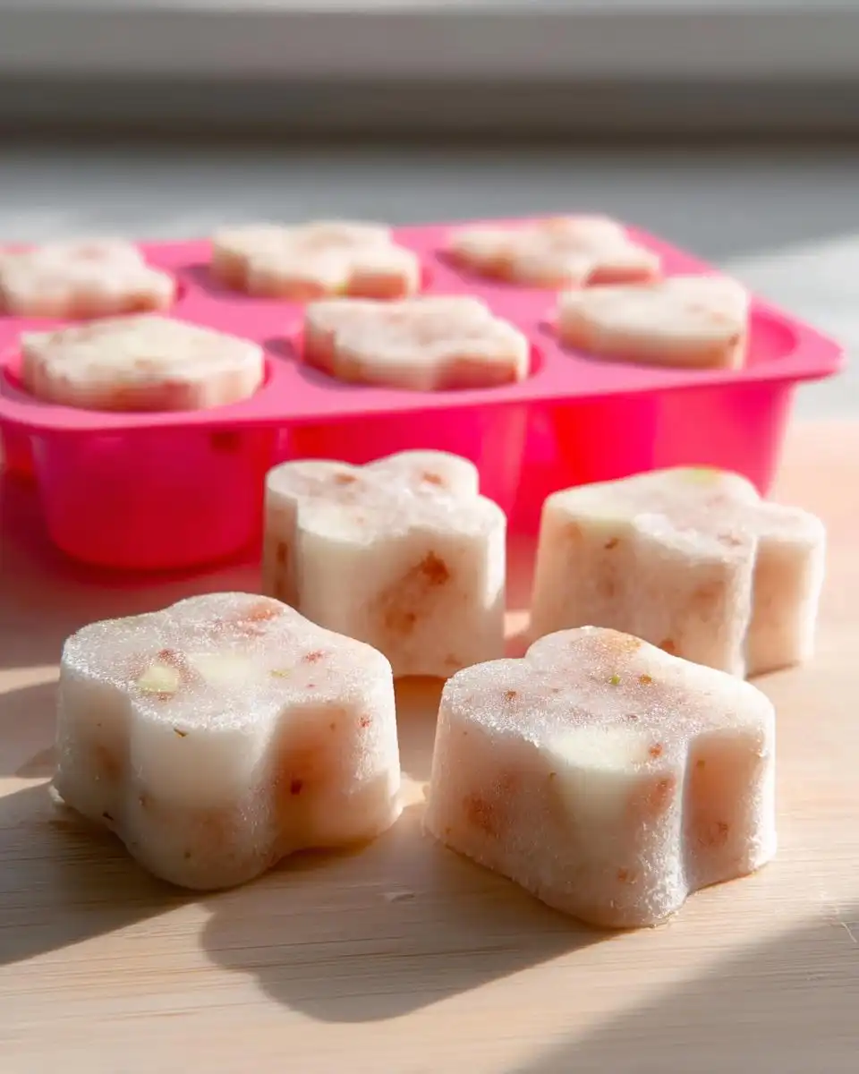 Close-up of frozen apple dog treats, shaped like flowers, resting on a wooden board next to a pink silicone mold.
