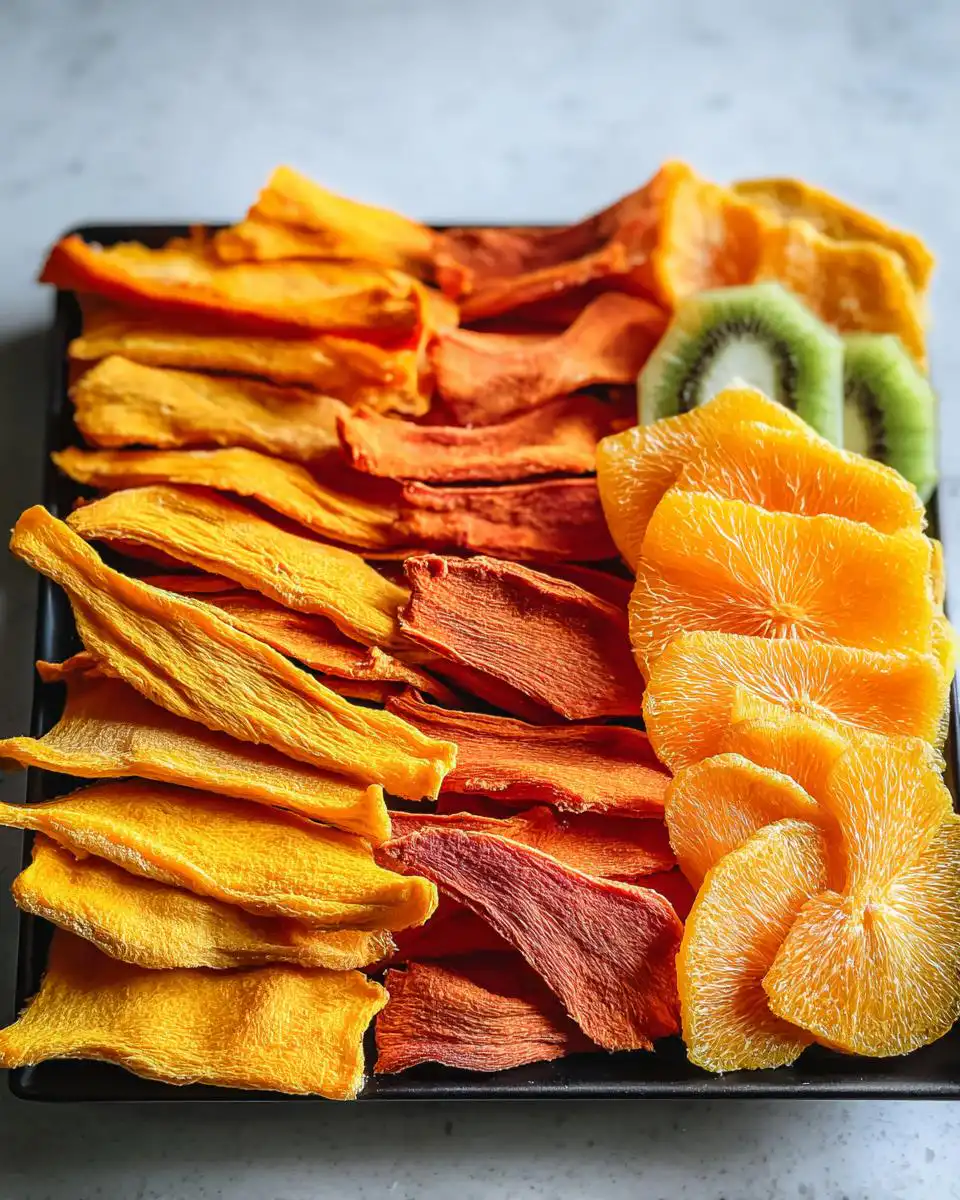 A tray displaying various dehydrated Fruit Dental Chews for Dogs, including strips of mango, papaya, and slices of orange and kiwi.