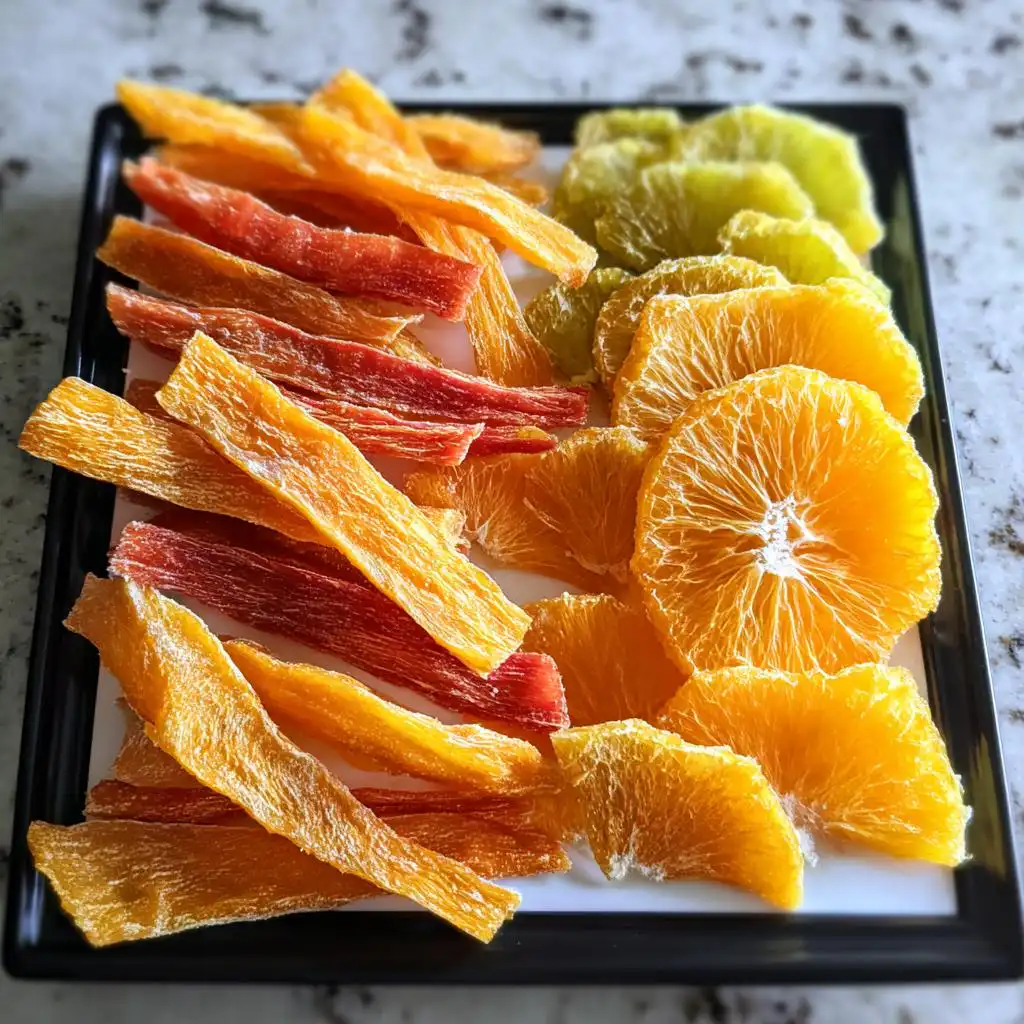 A black tray holding various dehydrated Fruit Dental Chews for Dogs, including orange slices and fruit leather strips.