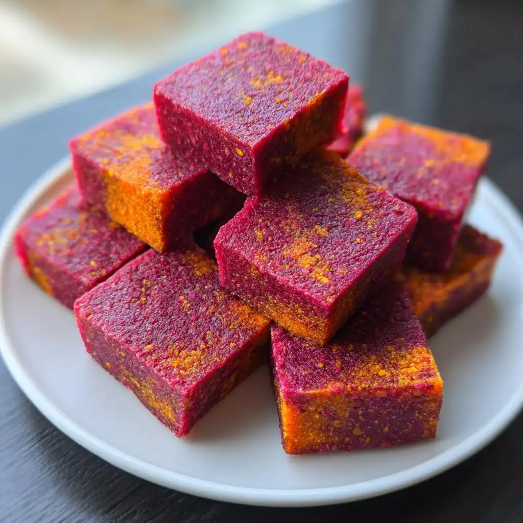 A stack of vibrant, square-cut Healthy Beetroot Carrot Dog Treat Squares dusted with orange spice on a white plate.