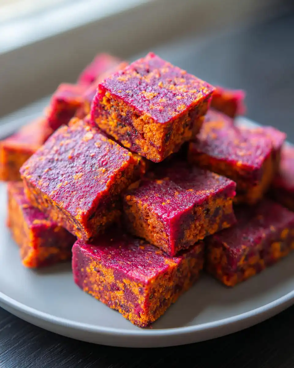 A close-up stack of vibrant magenta and orange Healthy Beetroot Carrot Dog Treat Squares on a light gray plate.