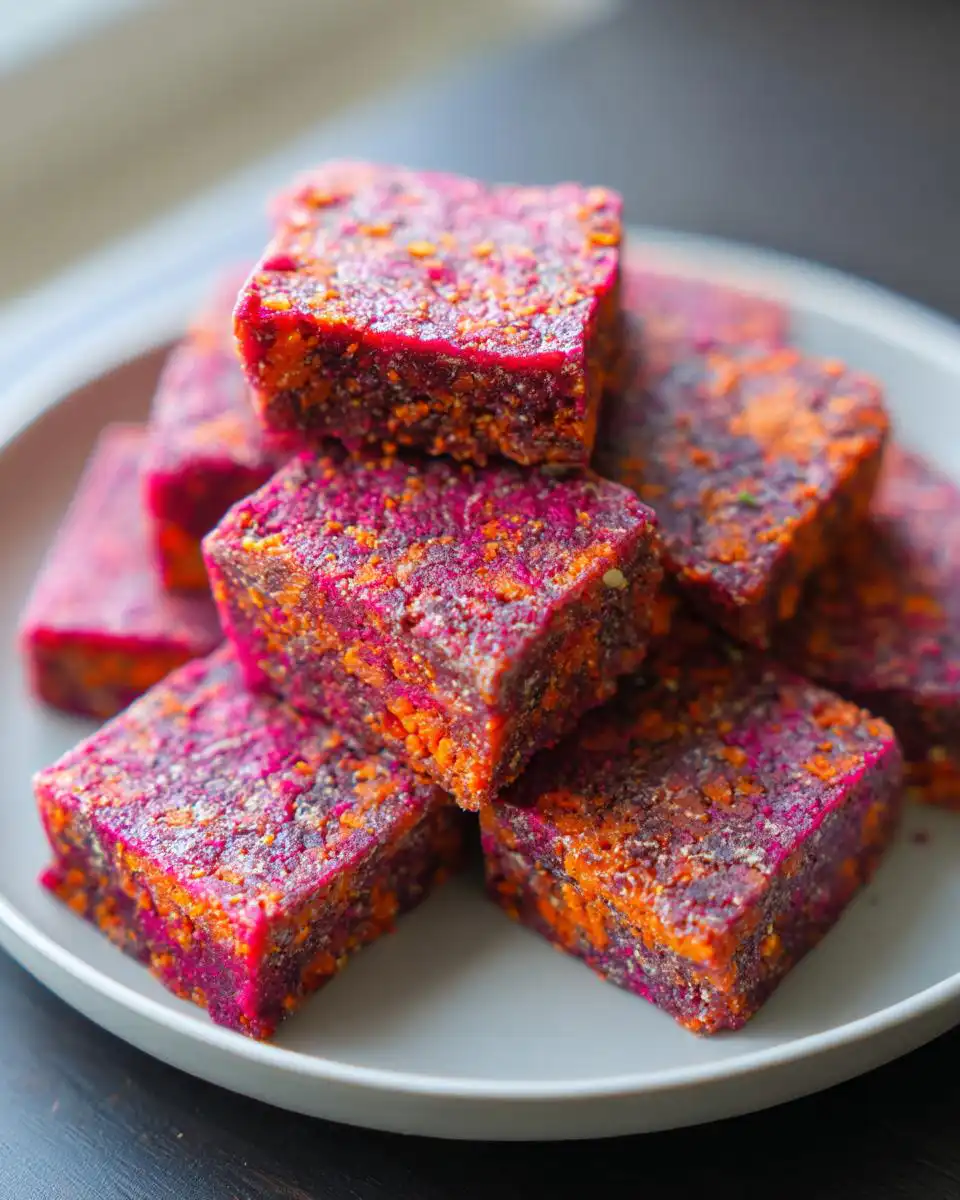 Close-up of stacked, vibrant purple and orange Healthy Beetroot Carrot Dog Treat Squares on a light gray plate.