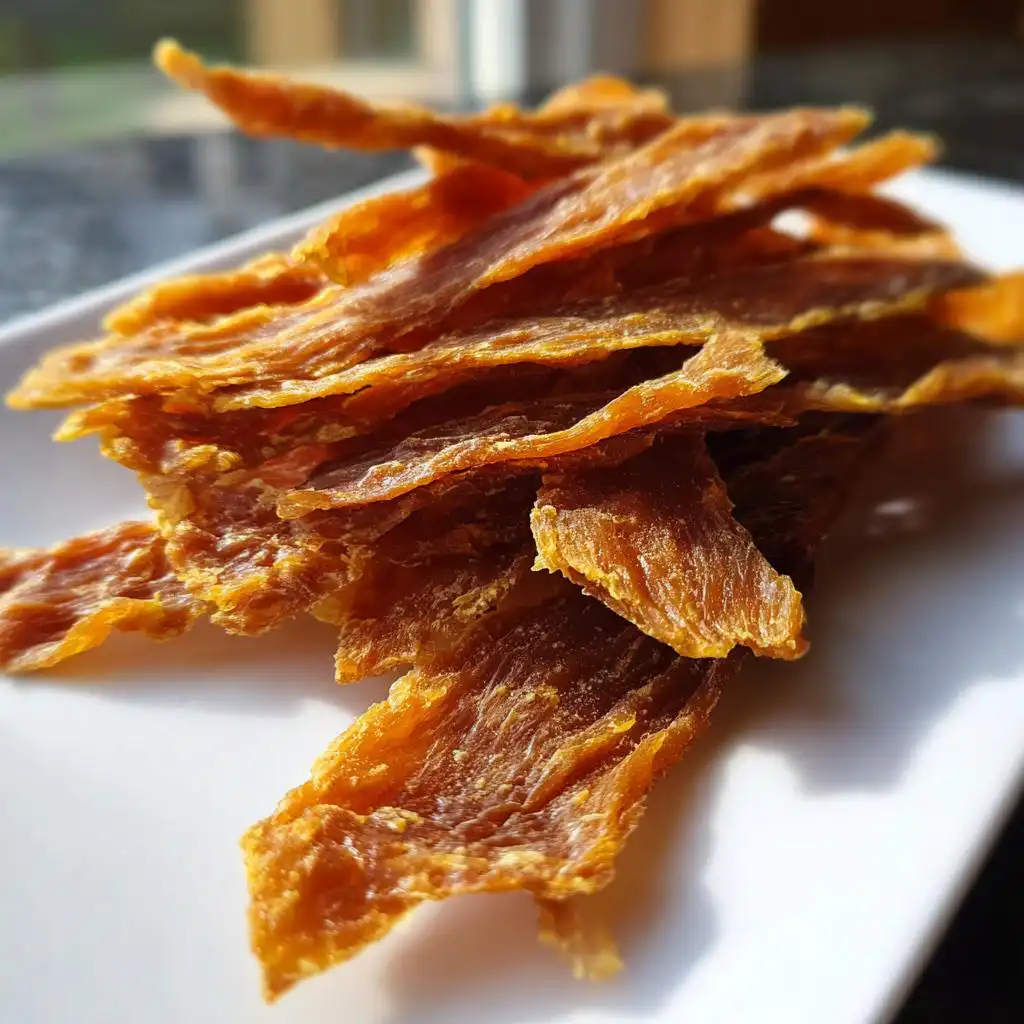 Close-up of golden brown, dehydrated strips of Healthy Chicken Jerky for Dogs (No Additives) piled on a white plate.