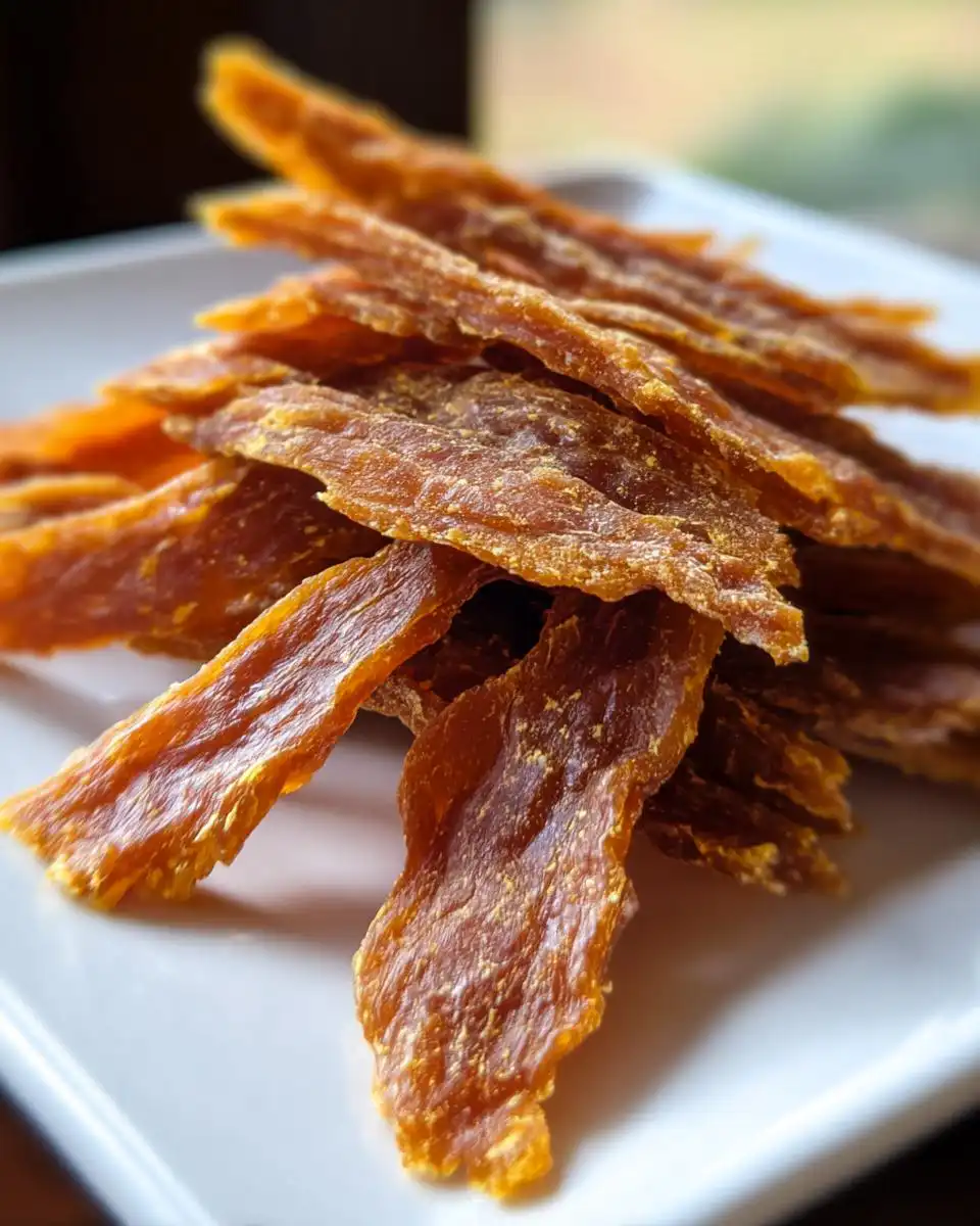 A pile of golden-brown, dried strips of Healthy Chicken Jerky for Dogs served on a white plate.