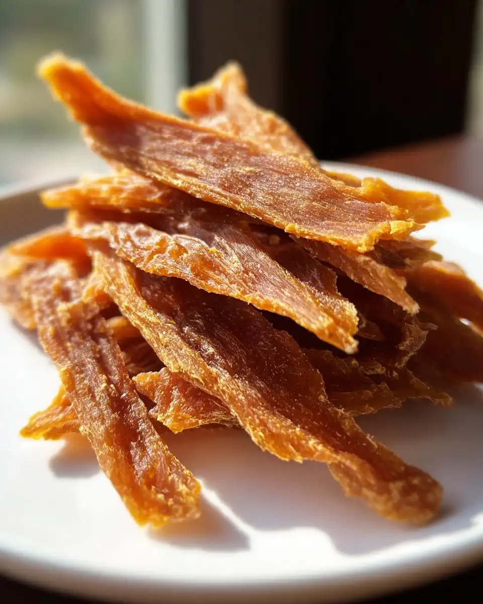 Close-up of dehydrated, golden-brown strips of Healthy Chicken Jerky for Dogs piled on a white plate.