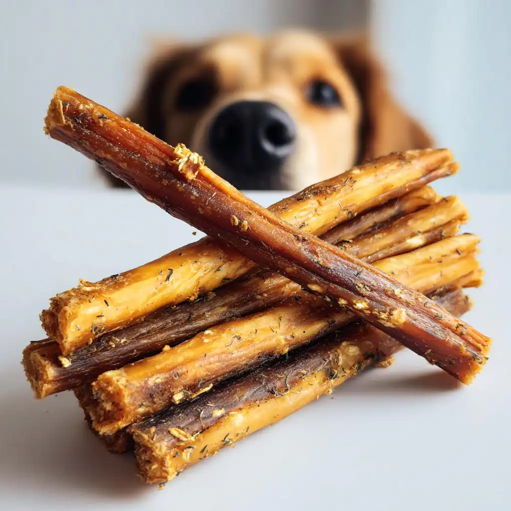 A stack of Healthy Dehydrated Dental Sticks for Dogs with a golden retriever looking on in the background.