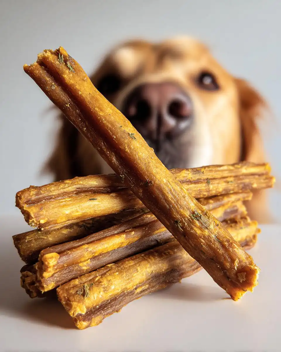 A stack of homemade Healthy Dehydrated Dental Sticks for Dogs with a curious Golden Retriever in the blurred background.
