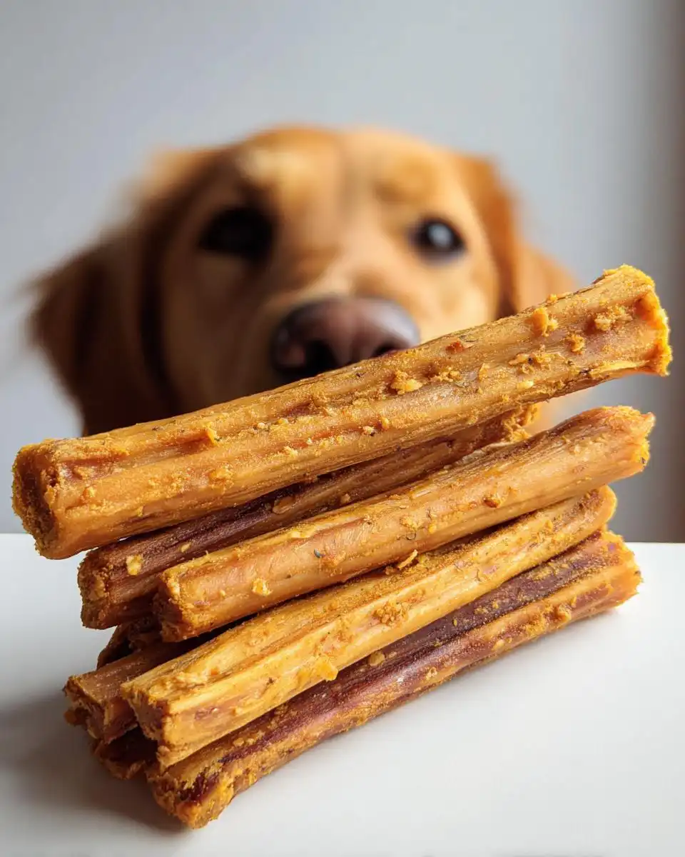 A stack of homemade Healthy Dehydrated Dental Sticks for Dogs with a curious Golden Retriever looking on in the background.