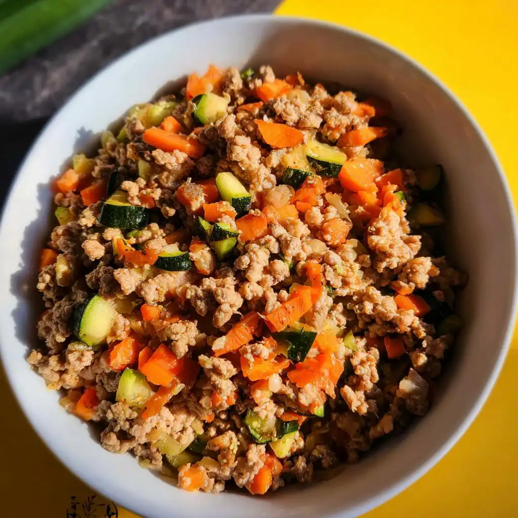 A white bowl filled with Healthy One-Pan Ground Turkey Dog Food, mixed with diced carrots and zucchini.