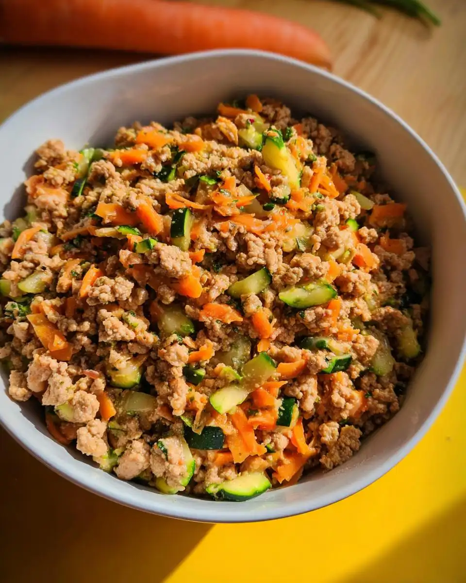 A white bowl filled with Healthy One-Pan Ground Turkey Dog Food mixed with shredded carrots and diced zucchini.