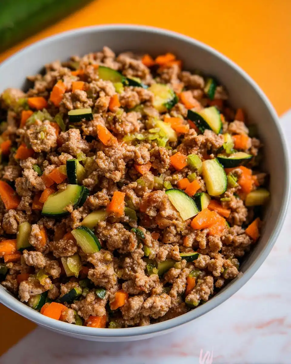 Close-up of a bowl filled with Healthy One-Pan Ground Turkey Dog Food, mixed with diced carrots and zucchini.