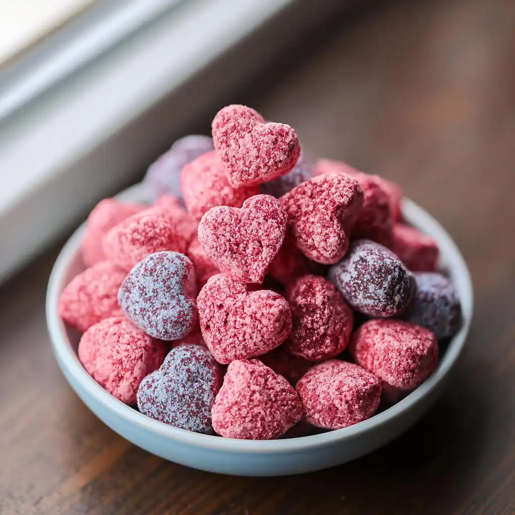 A bowl of pink and purple heart-shaped Healthy Puppy Chow for Dogs treats dusted with powder.