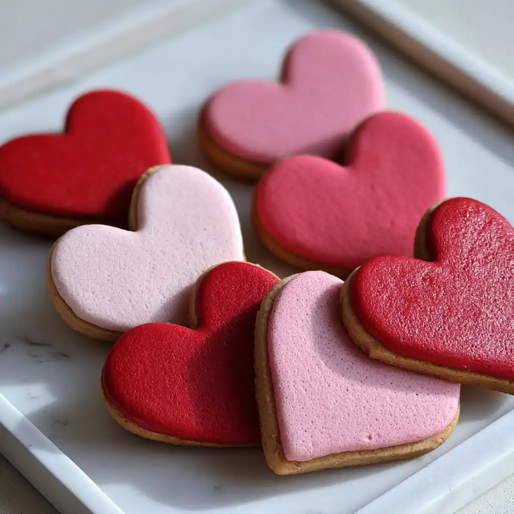 A close-up arrangement of several heart-shaped Red & Pink Valentine Dog Cookies with bright red and soft pink icing.