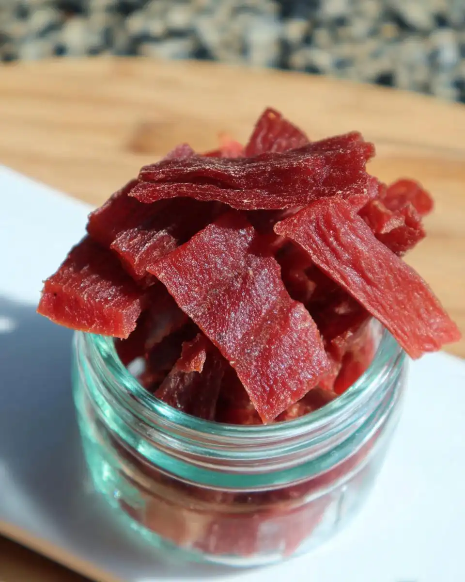 Close-up of deep red Homemade Dehydrated Watermelon Dog Chews piled in a small glass jar.