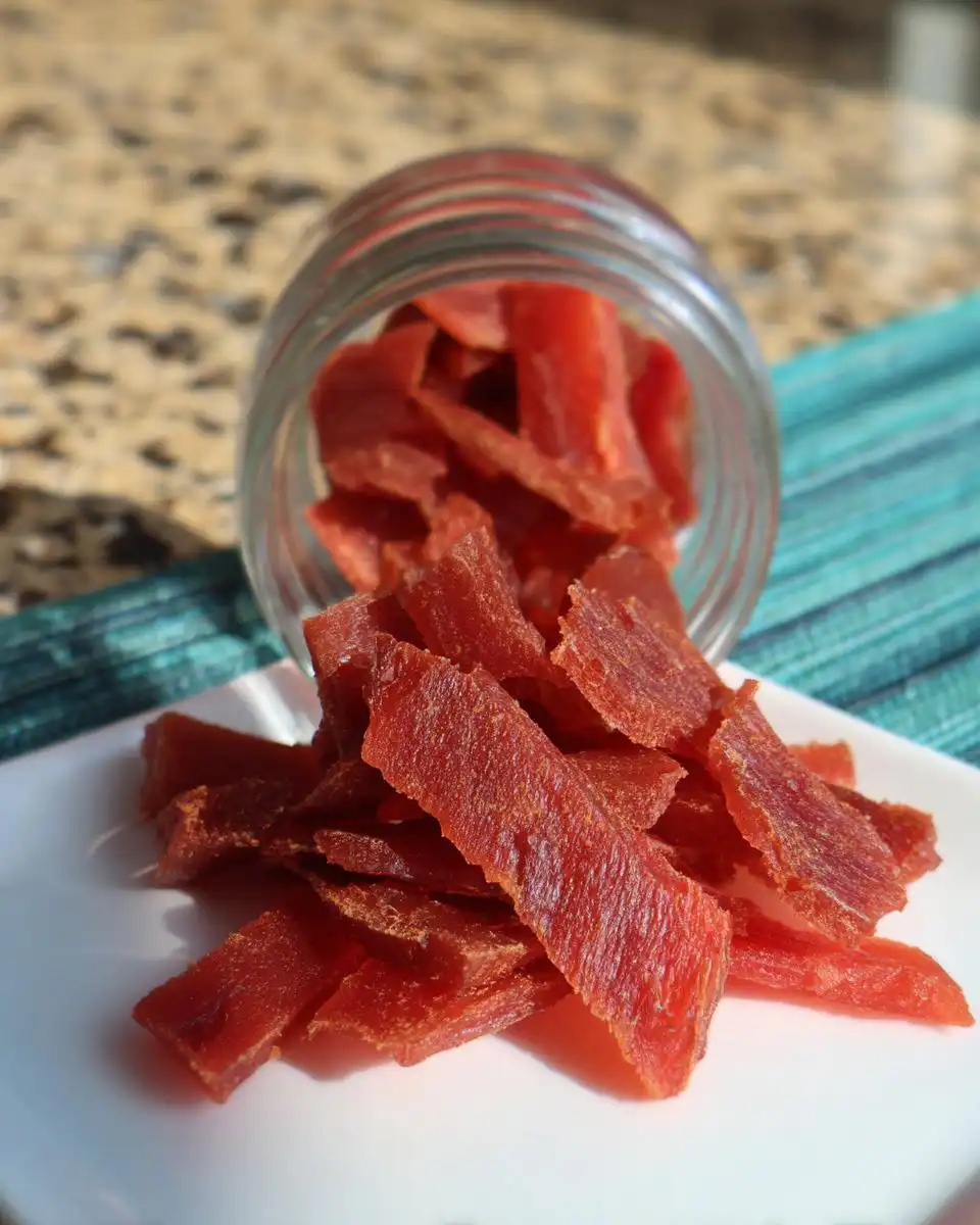 Close-up of Homemade Dehydrated Watermelon Dog Chews spilling from a glass jar onto a white plate.