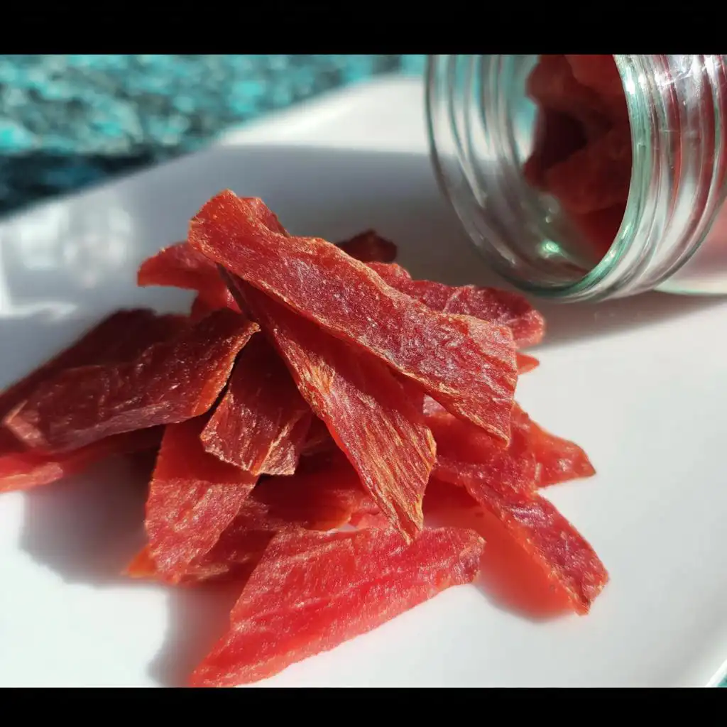 Close-up of bright red strips of Homemade Dehydrated Watermelon Dog Chews spilling from a jar onto a white plate.