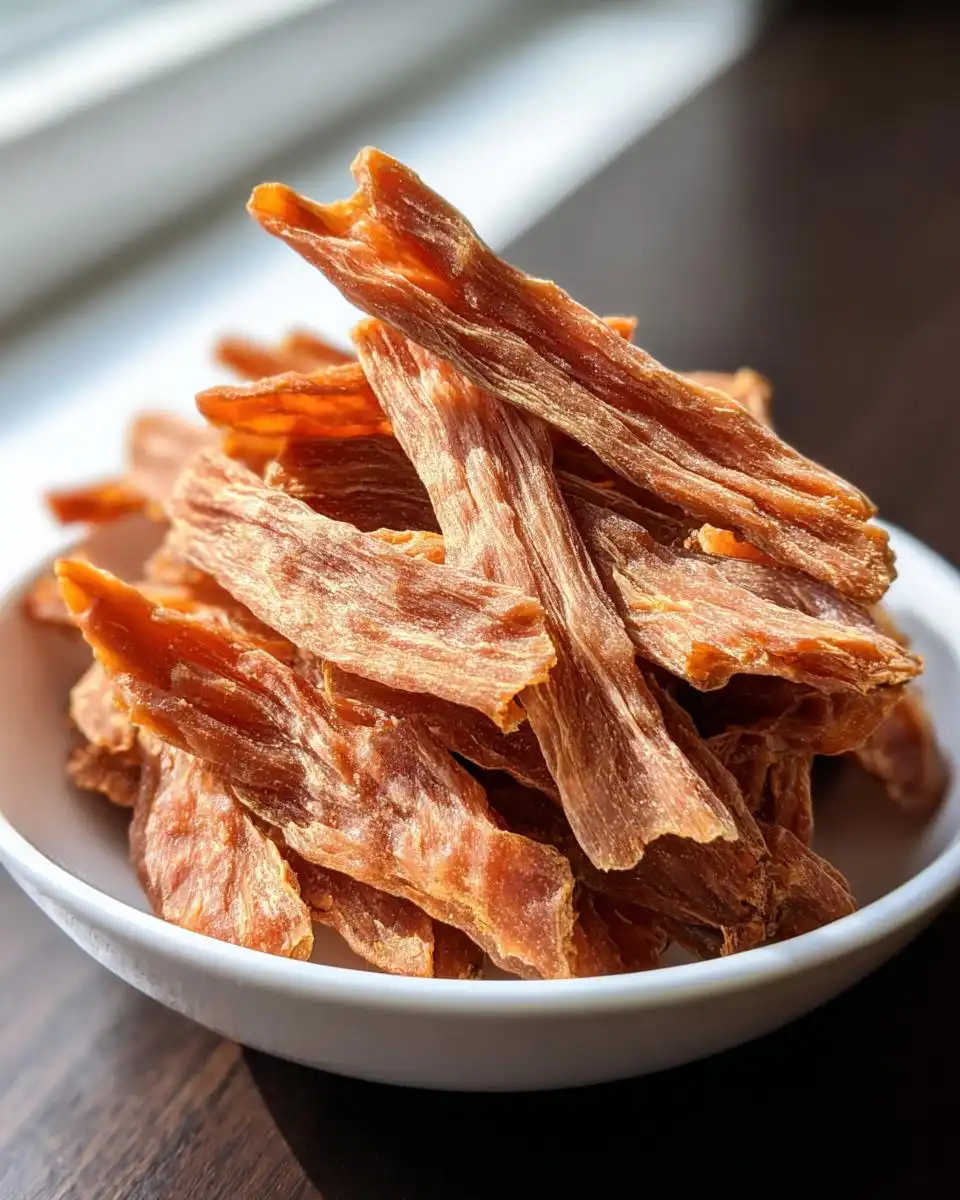 Close-up of a pile of homemade Lean Dehydrated Chicken Treats for Dogs in a small white bowl.