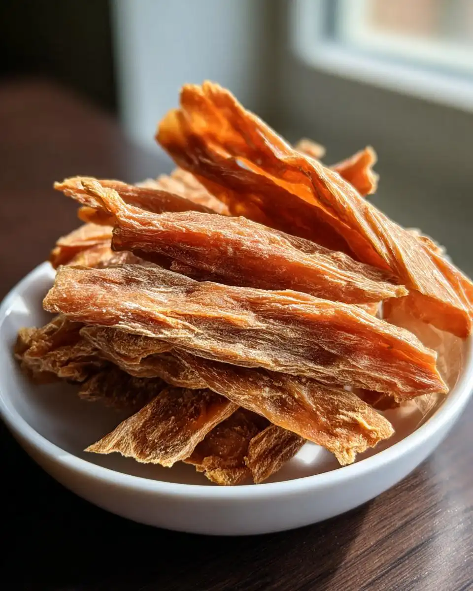 Close-up of dried, orange-hued strips of Lean Dehydrated Chicken Treats for Dogs piled in a small white bowl.