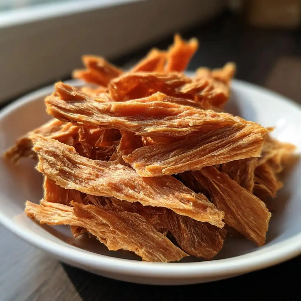 Close-up of shredded, dried strips of Lean Dehydrated Chicken Treats for Dogs piled in a white bowl.