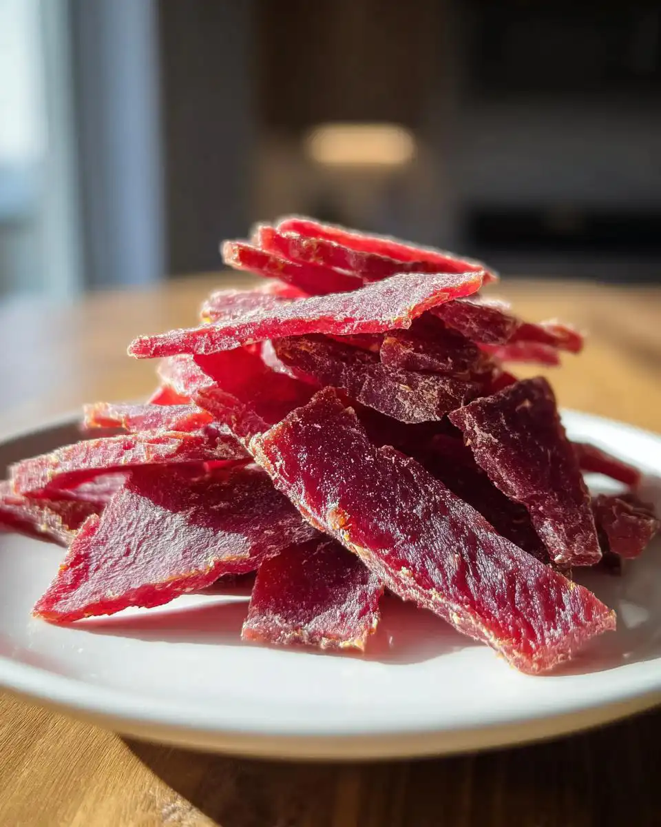 A pile of bright red, dehydrated strips of Low-Calorie Watermelon Dog Jerky resting on a white plate.