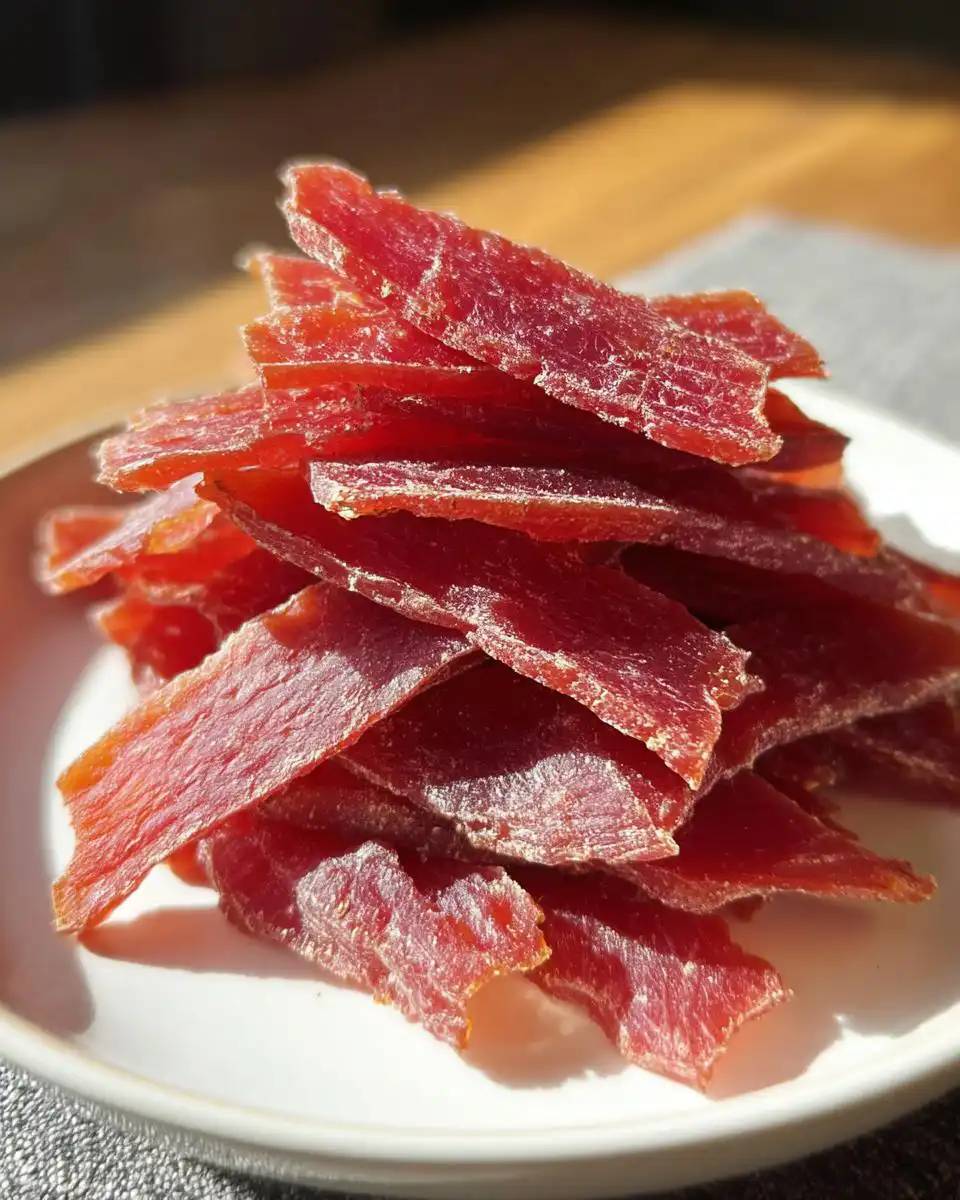 Close-up of a pile of bright red, dried Low-Calorie Watermelon Dog Jerky pieces on a white plate.