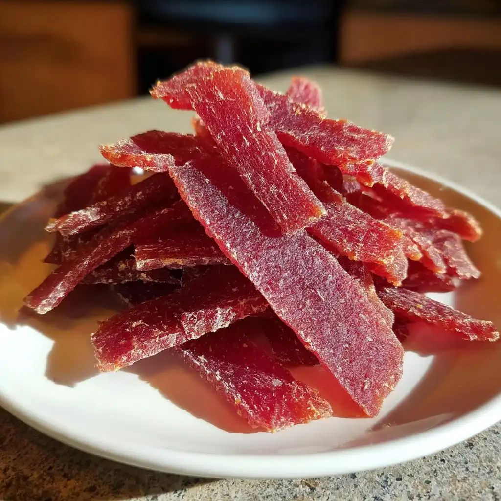 Close-up of bright red, dried strips of Low-Calorie Watermelon Dog Jerky piled on a white plate.