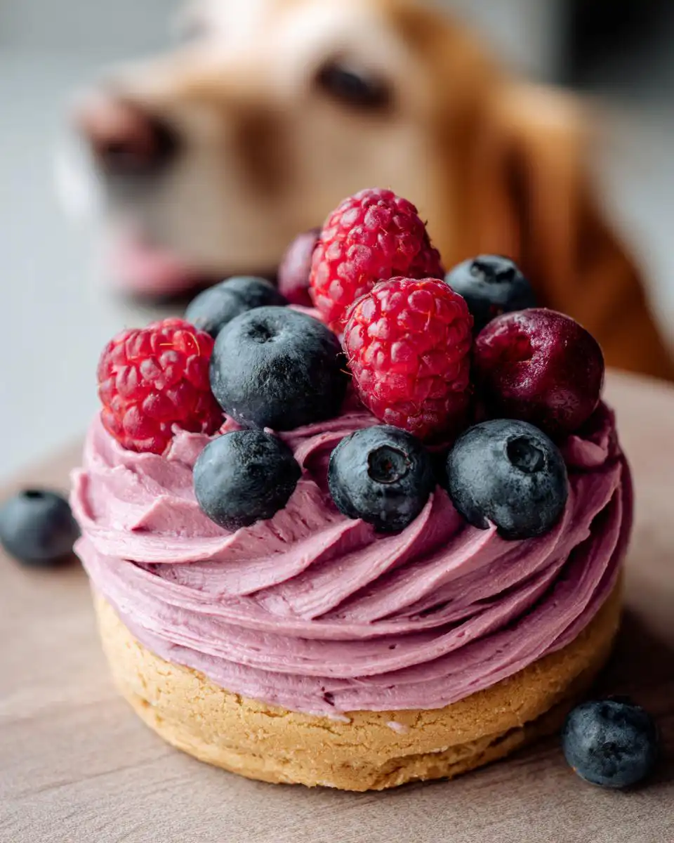 Close-up of a small cake topped with vibrant purple Naturally Colored Dog Frosting with Berries, including raspberries and blueberries.