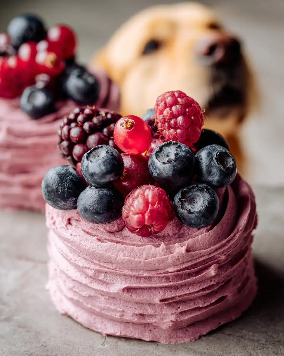 Close-up of Naturally Colored Dog Frosting with Berries, topped with blueberries, raspberries, and currants, with a dog in the background.