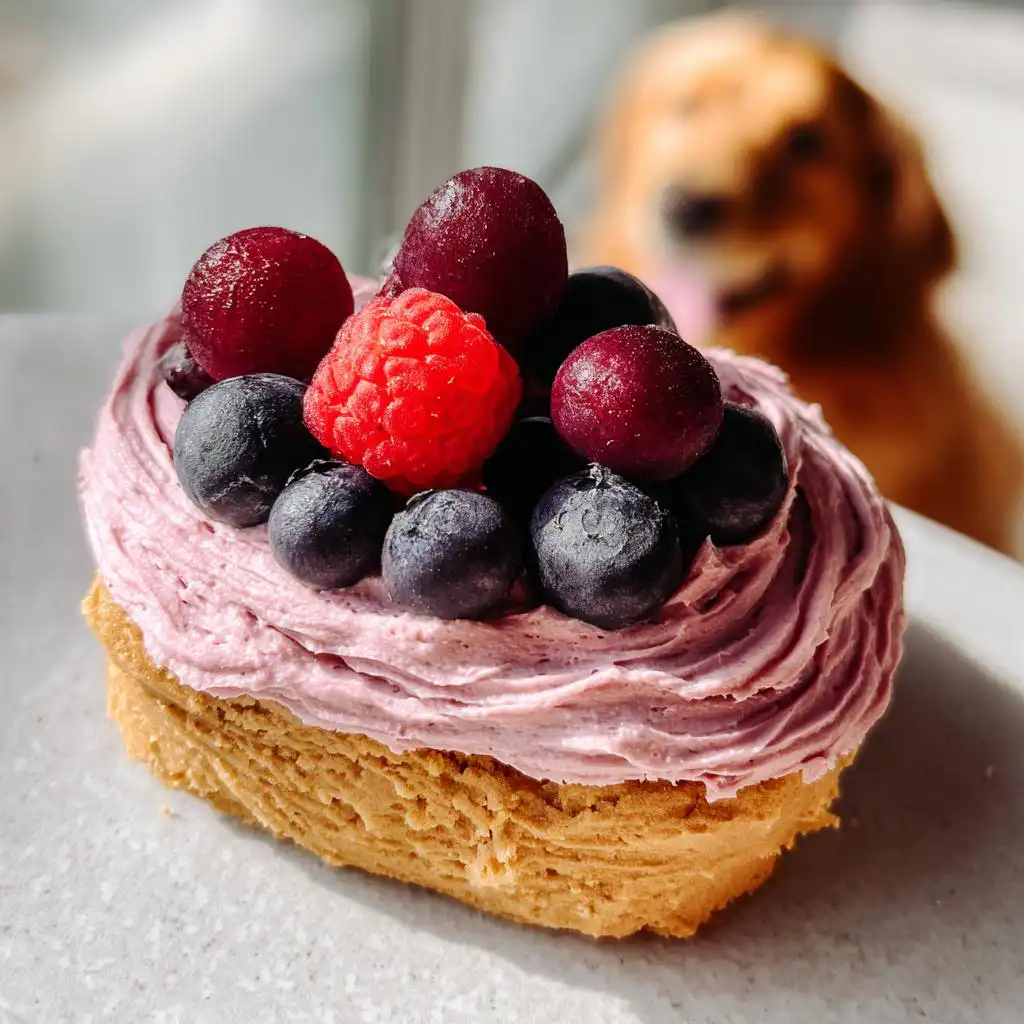 Close-up of a dog treat topped with pink Naturally Colored Dog Frosting with Berries, including blueberries and a raspberry.
