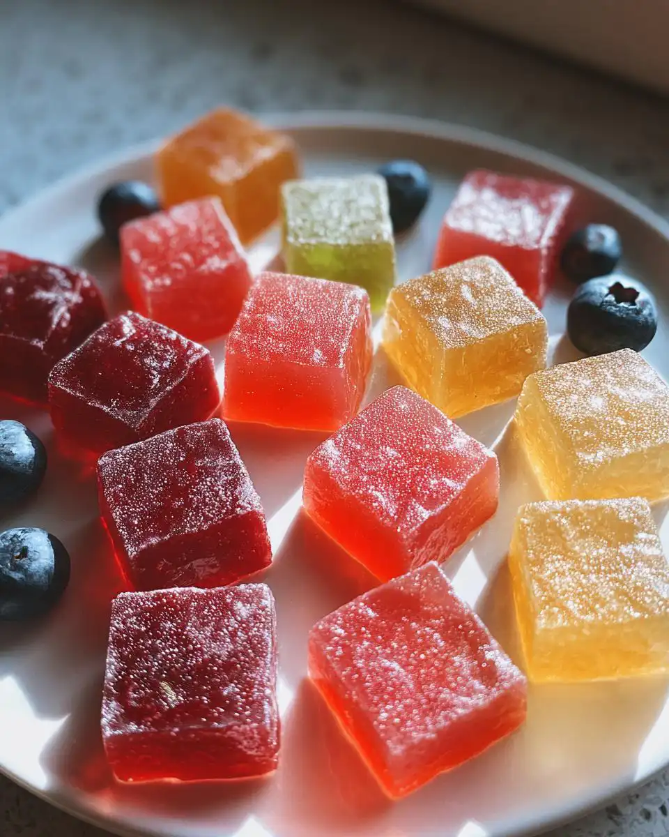 Assortment of colorful, sugar-dusted No-Bake Fruit Gel Dog Snacks arranged on a white plate with fresh blueberries.