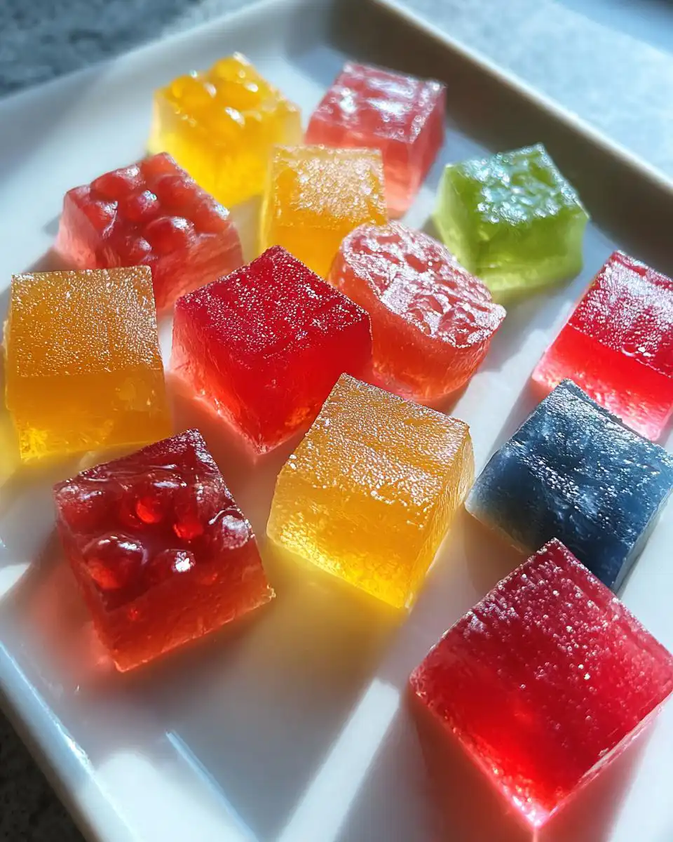 A variety of colorful, square No-Bake Fruit Gel Dog Snacks cubes arranged on a white tray.