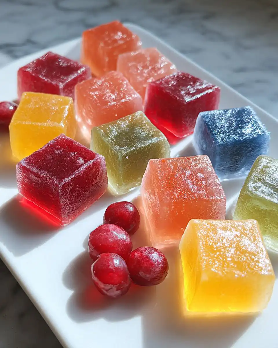 Assortment of colorful, translucent, cube-shaped No-Bake Fruit Gel Dog Snacks garnished with fresh red berries.