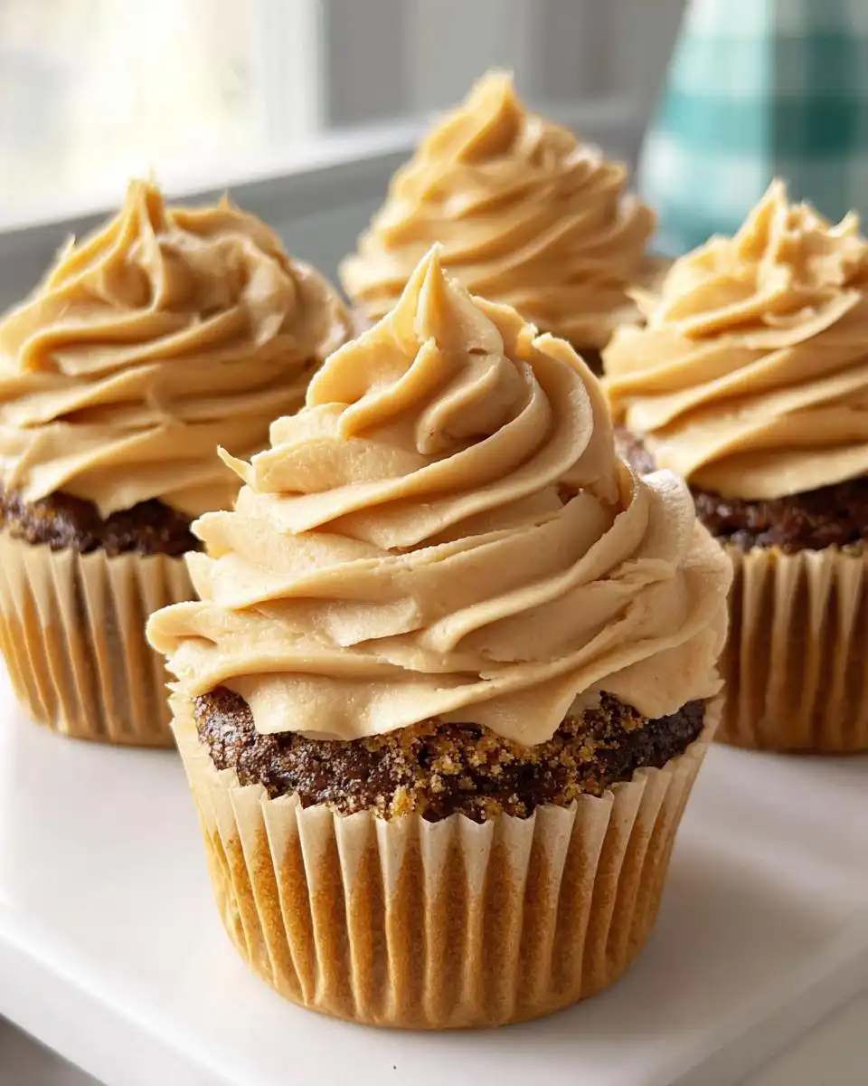 Four Peanut Butter Pupcakes with tall swirls of fluffy peanut butter frosting sitting on a white plate.