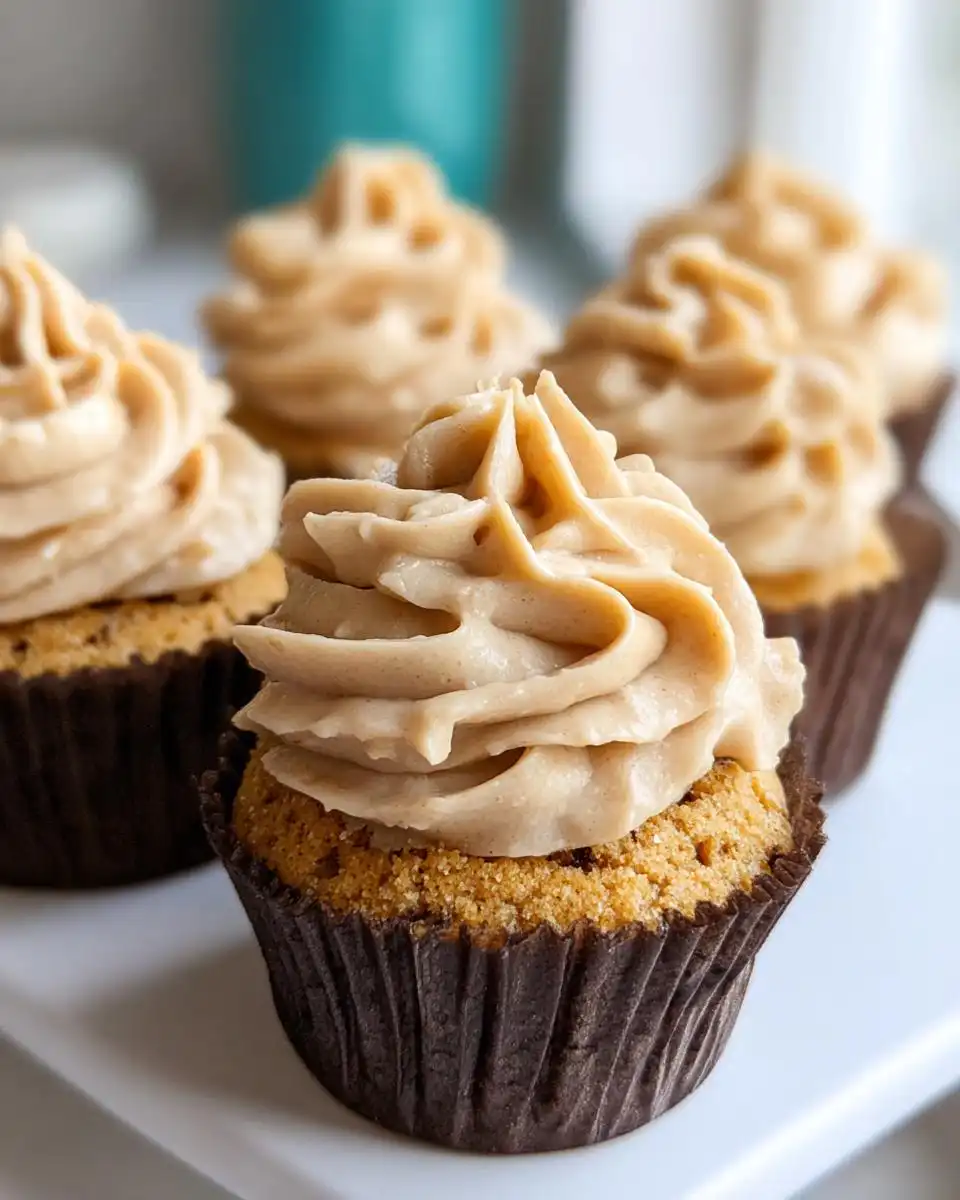 Close-up of a Peanut Butter Pupcakes with Fluffy Frosting, featuring a tall swirl of tan frosting on a dark wrapper.