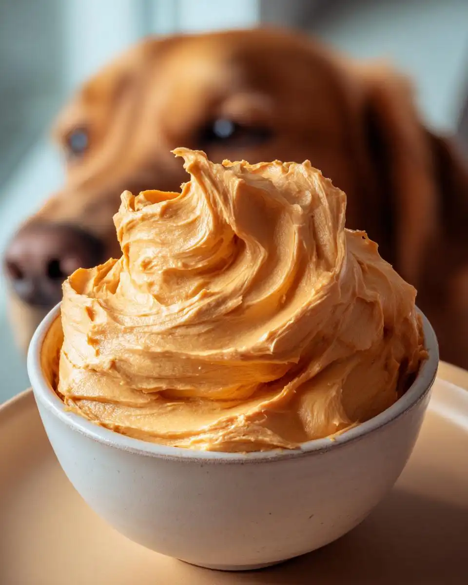 A close-up of thick Pumpkin Yogurt Frosting for Dogs in a white bowl, with a golden retriever looking on in the background.