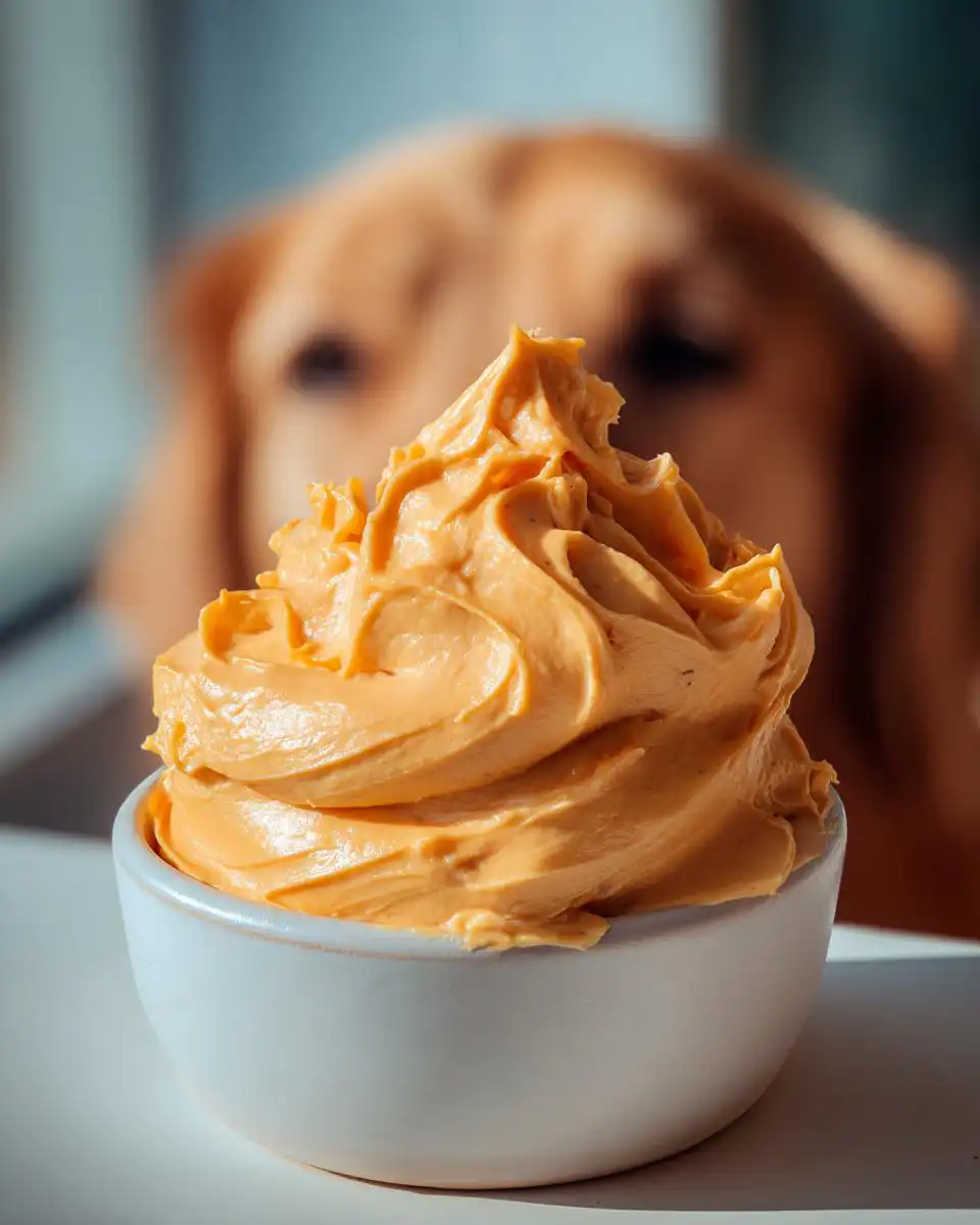 A close-up of thick Pumpkin Yogurt Frosting for Dogs piped high in a small white bowl, with a dog looking on in the background.