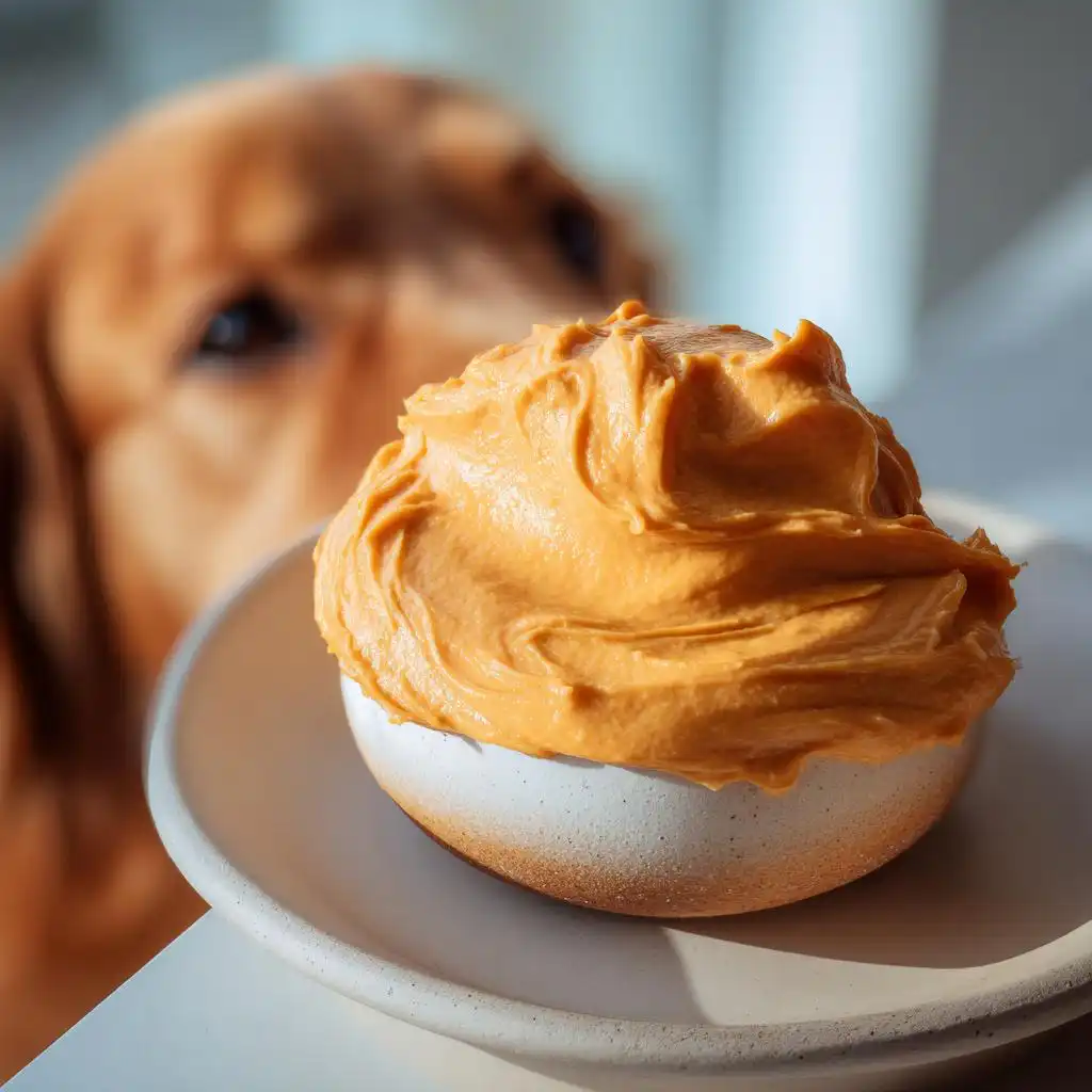 A close-up of thick Pumpkin Yogurt Frosting for Dogs in a small bowl, with a golden retriever looking eagerly in the background.