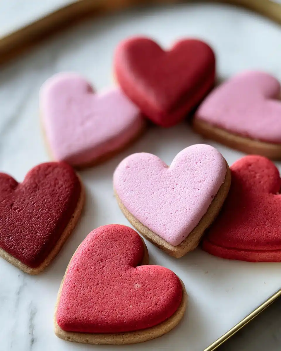 Close-up of several heart-shaped Red & Pink Valentine Dog Cookies with thick frosting.