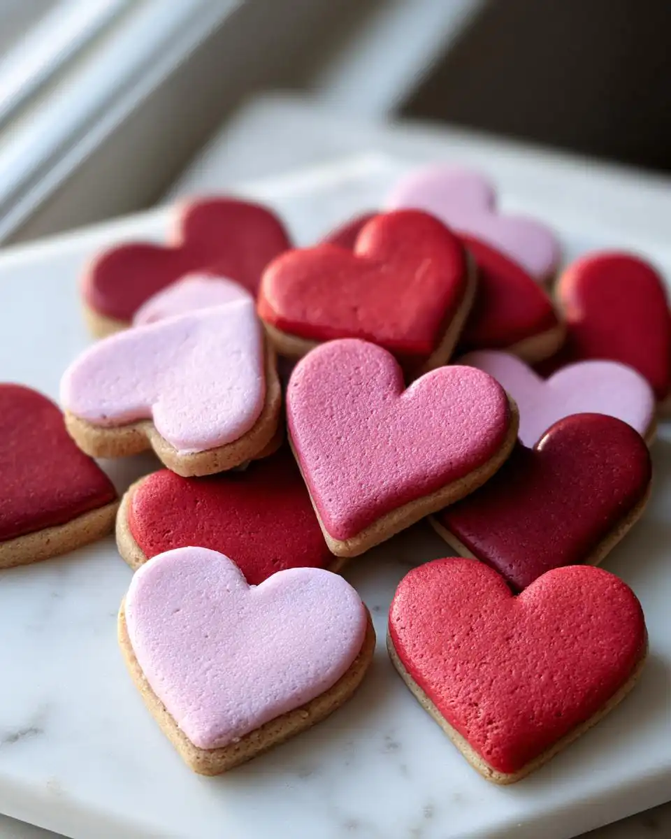 A pile of heart-shaped Red & Pink Valentine Dog Cookies with red and light pink frosting on a white marble surface.