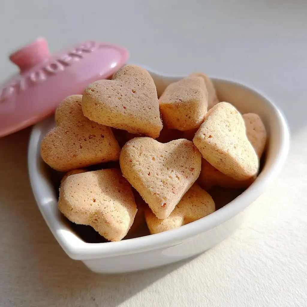 A white heart-shaped bowl filled with small, soft, heart-shaped Soft Valentine Dog Treats for Puppies.